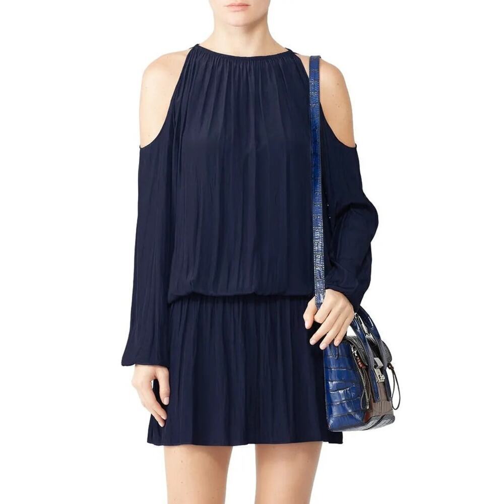Ramy Brook Lauren Dress Long Sleeve Cold Shoulder Mini Blouson Navy Blue Small